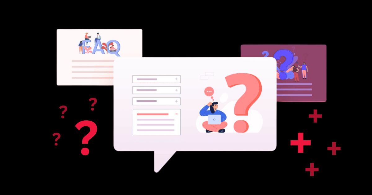 FAQ illustration with question marks and a person using a laptop.
