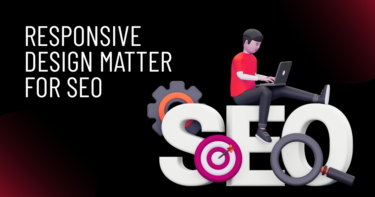 3D illustration of a person using a laptop on SEO letters with text about responsive design